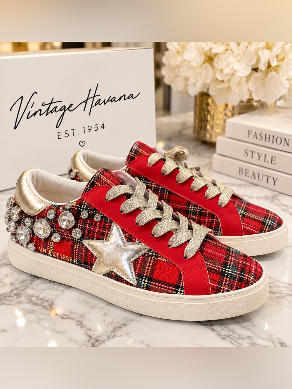 Vintage Havana Red Plaid Star Embellished Women’s Sneakers size 8
